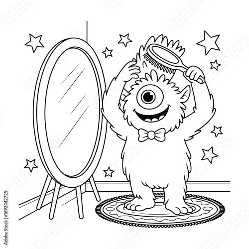 A one eyed furry monster with a bow tie brushes its hair in front of a mirror with stars around brushing hair