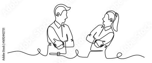 continuous line art of a man and woman in business suits folding their arms across their chests and communicating
