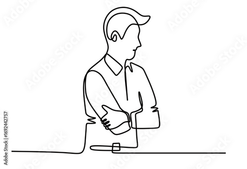 continuous line art of a man in a business suit folding his arms across his chest