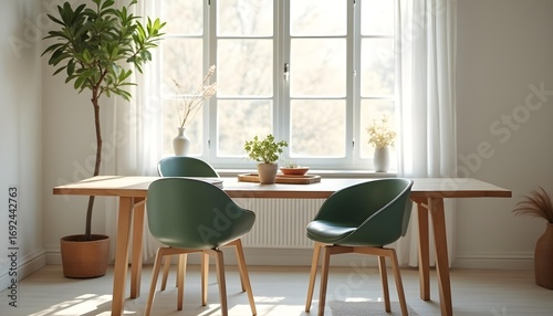Modern dining room with wooden table and green chairs by a large window