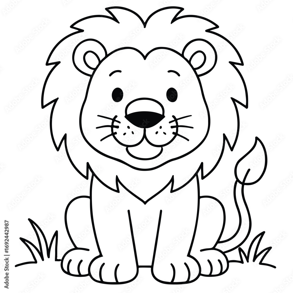 Obraz premium Cute Cartoon Lion Coloring Page – Black and White Jungle Animal Illustration