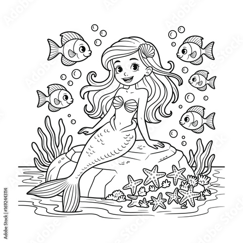 Black and white cartoon illustration of a happy mermaid surrounded by fish and starfish underwater ocean