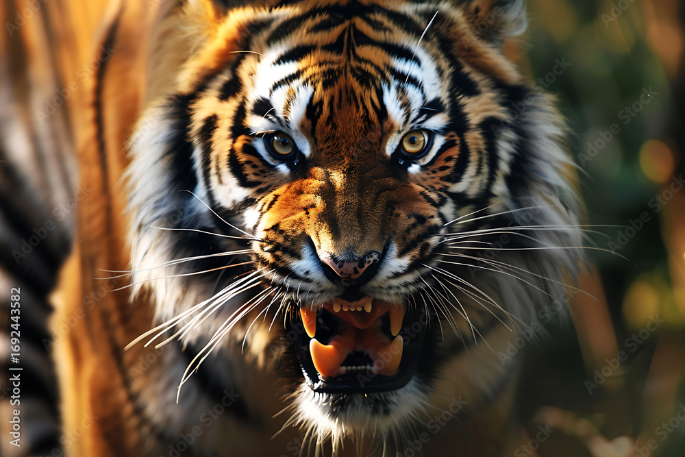 Fototapeta premium 迫力あるトラの咆哮と鋭い牙のアップ