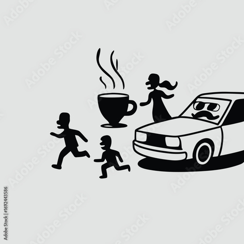 Father's busy morning rush with coffee family car everyday life chaos fun