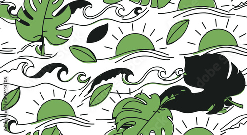 Tropical Vibes: Seamless pattern with monstera leaves sun and waves creating a soothing beachy