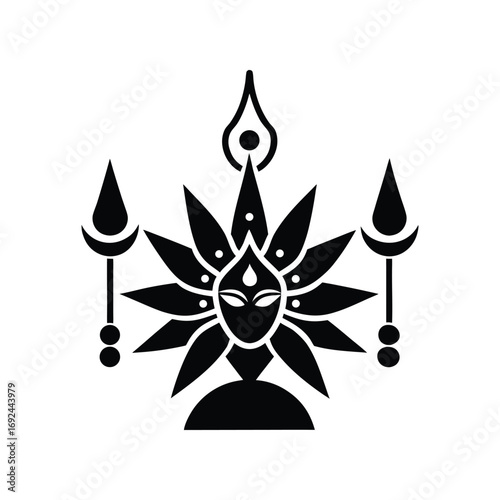 Minimalist black icon of a powerful Hindu deity face with a sunburst halo. A sacred cultural symbol vector graphic from a design bundle