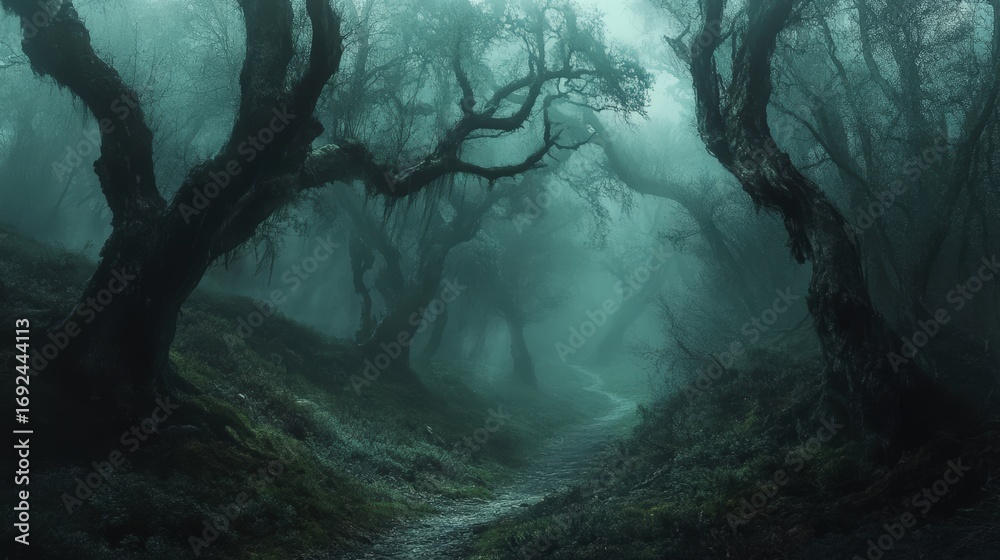 Obraz premium A misty forest with twisted trees creates an eerie atmosphere, inviting exploration yet evoking a sense of mystery and intrigue.