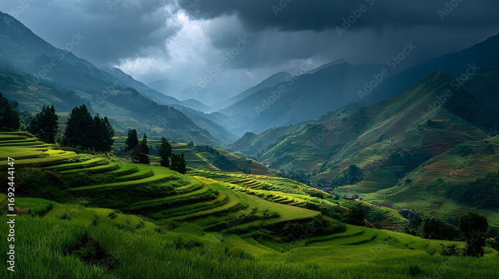 Fototapeta premium Stunning landscape of terraced green rice paddies in the mountains. Dramatic, dark storm clouds gather overhead in this moody, atmospheric, photorealistic scene.