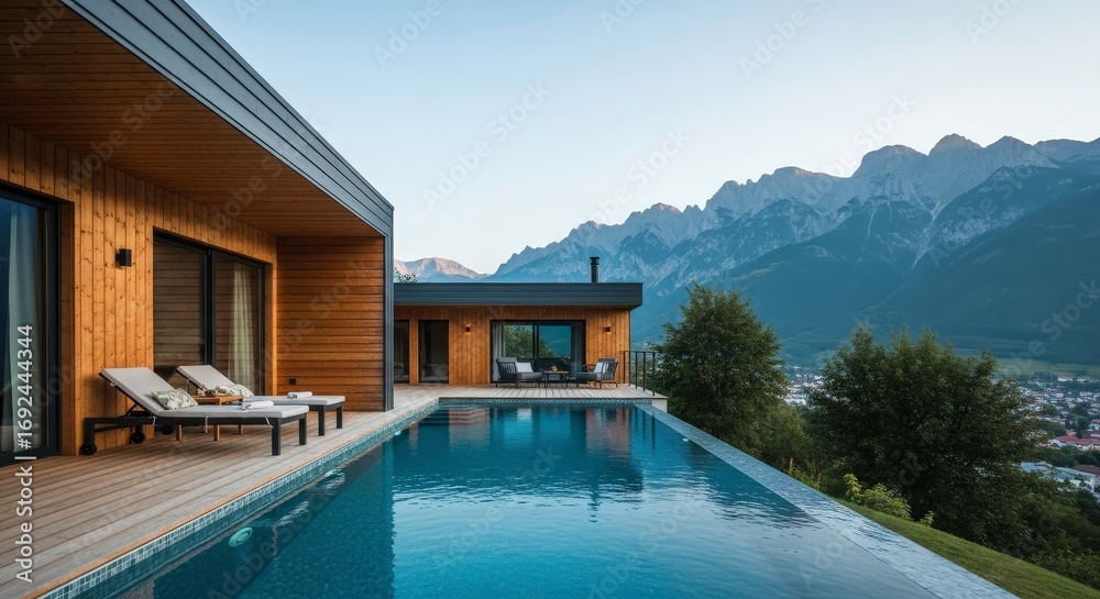Fototapeta premium Modern wooden house with infinity pool overlooking a mountain range and valley photos of swimming pools, houses with swimming pools, people in swimming pools