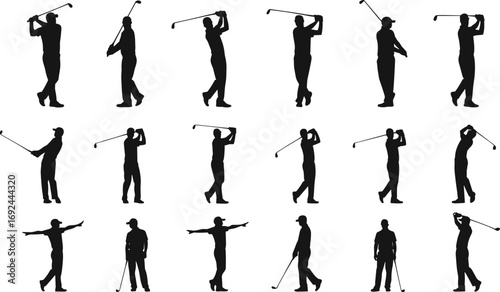 Silhouettes of male golfers in various golf swing and stance poses, perfect for sports vector illustrations and athletic-themed designs.
