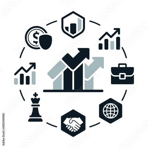 Business growth and strategy icons arranged in a circle with arrows and graphs vector