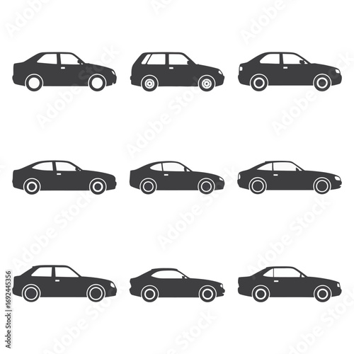 Collection of nine distinct black car silhouettes for transportation and automotive design projects silhouette vector illustration white background