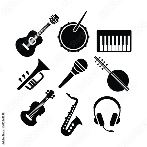 Collection of nine black musical instrument silhouette icons on white background guitar drum