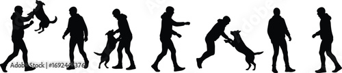 Silhouettes of Man Interacting and Playing with Dog in Various Poses for Pet Training, Outdoor Activity, and Animal Behavior Design