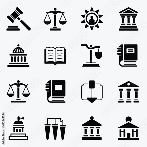 Diverse legal and law icon set representing justice courtrooms and gavel symbolizing legal system silhouette vector illustration white background