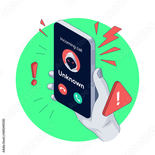 Isometric Hand Holds the Phone. Unknown Call on the Screen.  Smartphone with Incoming call. Scammer Warning and Suspicious Number Alert. Fraud and cyber security concept. Vector illustration