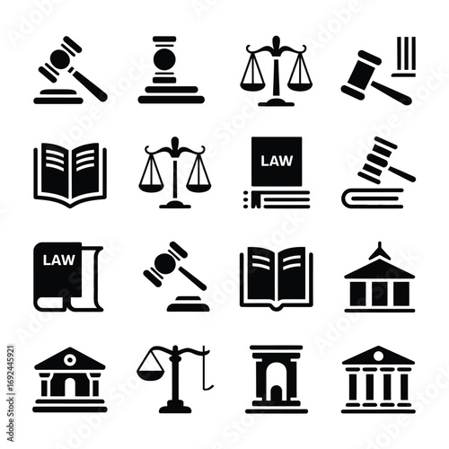 Bundle of 12 legal and law icons representing justice court and advocacy symbols silhouette vector illustration white background