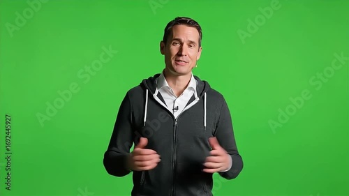 Engaging Male Presenter in Casual Hoodie Talking Directly to Camera on a Green Screen