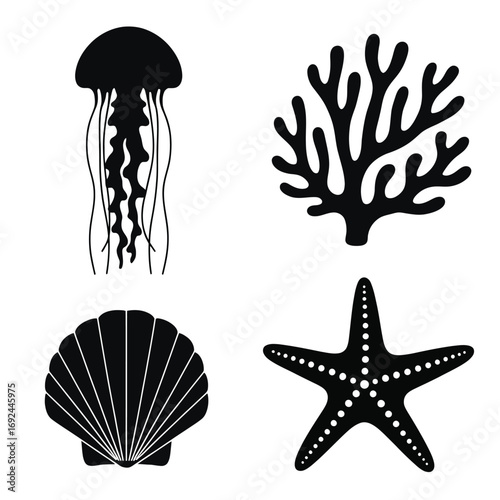 Black silhouettes of ocean life jellyfish coral seashell starfish isolated graphics silhouette vector illustration white background