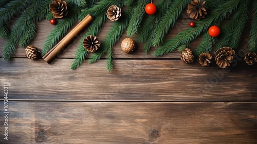Christmas decor background on wooden table. Copy Space for your project