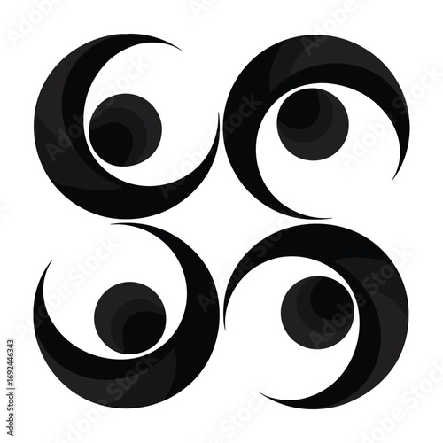 Four black abstract circular graphic elements with layered shading logo symbol