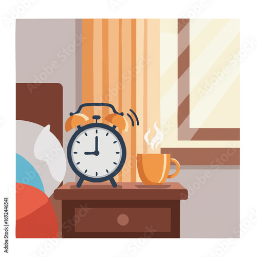 A vibrant flat 2D vector graphic depicts an alarm clock ringing on a bedside table next to a steaming cup of coffee, with bright morning sunlight streaming through a window.