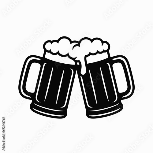 Cheers celebration two frothy beer mugs clinking together toasting happy hour silhouette vector illustration white background