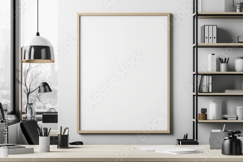 Quadro em branco com moldura de madeira em diferentes ambientes de escritório e home office modernos, decorados com plantas, luminárias e objetos de design, IA generativa