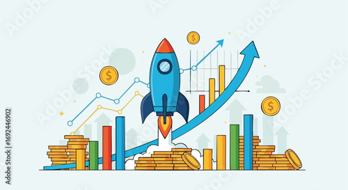 Colorful vector illustration of a startup growth concept with a rocket launching among stacked coins, bar charts, and rising graphs. 