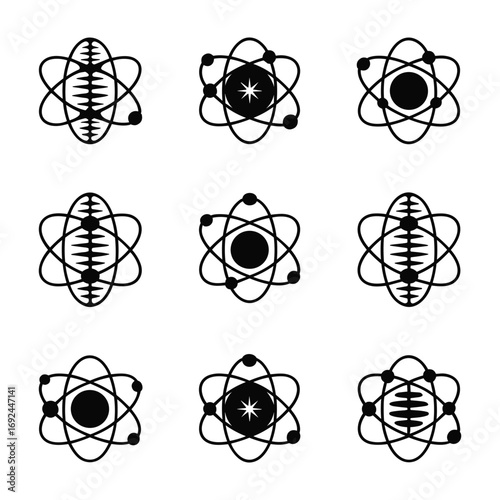 Nine black atom symbols with orbiting electrons on white background atomic science