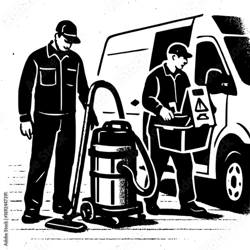 Cleaning crew preparing van for professional sanitation services