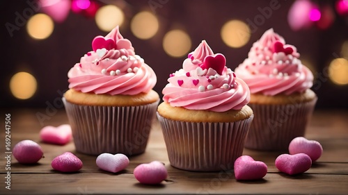 Delicious cupcakes with pink cream frosting and heart decorations, sweet dessert with festive bokeh lights in the background.