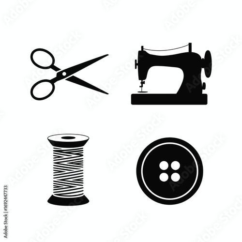 Minimalist icons sewing machine scissors spool of thread and button for crafting and design silhouette vector illustration white background