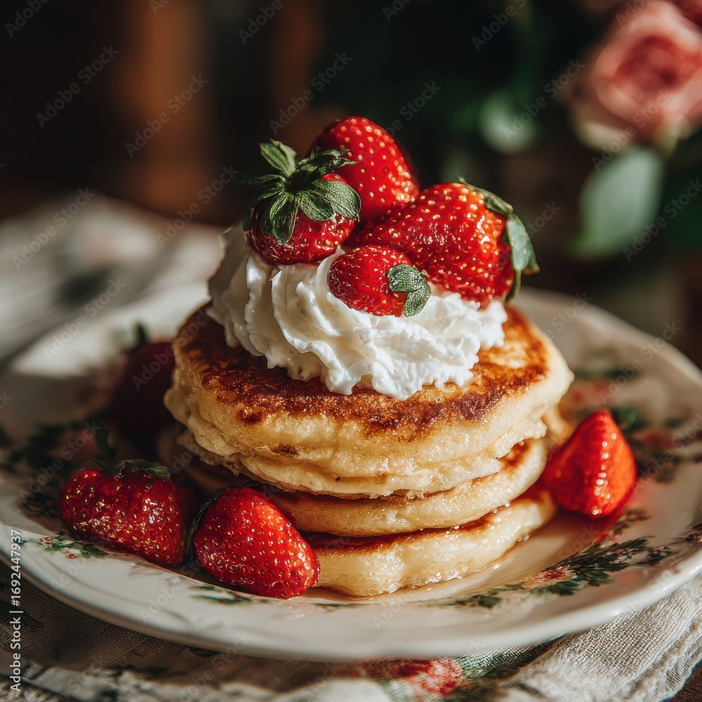 A delicious stack of homemade gluten-free pancakes are beautifully served with fresh strawberries and a generous dollop of whipped cream on a floral plate.