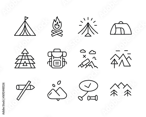 Set of 12 hand-drawn outdoor adventure icons for camping hiking and exploration silhouette vector illustration white background