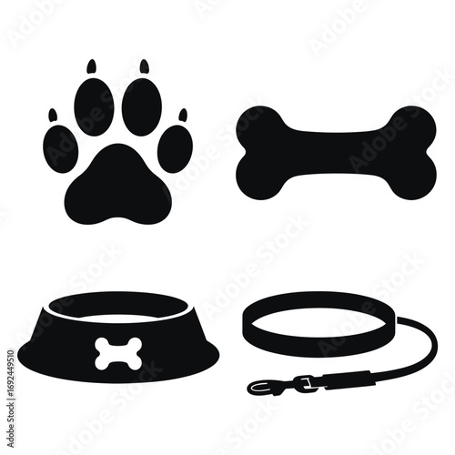 Pet care icons paw print bone bowl collar leash animal supplies set silhouette vector illustration white background