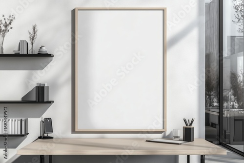Quadro em branco com moldura de madeira em diferentes ambientes de escritório e home office modernos, decorados com plantas, luminárias e objetos de design, IA generativa