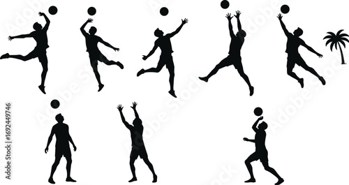 Silhouettes of men playing volleyball jumping, serving, and hitting ball with tropical palm tree background vector illustration design.