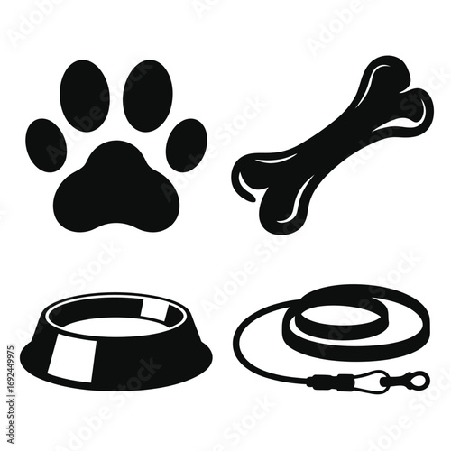 Simple dog pet supplies silhouette icons paw bone bowl leash for animal lovers silhouette vector illustration white background