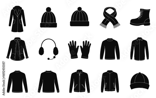 Collection of black silhouette icons representing winter clothing and accessories for cold weather silhouette vector illustration white background