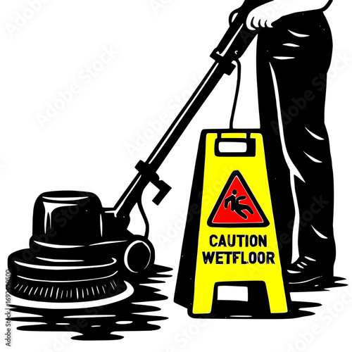 Cleaning in progress: Wet floor caution sign and floor scrubber