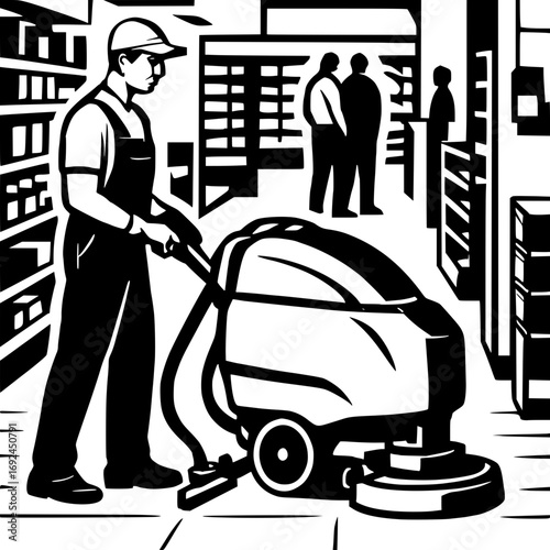 Professional cleaner using floor scrubber in commercial setting