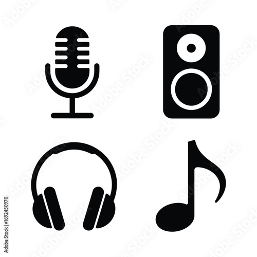 Minimalist icons representing music production and sound creation studio equipment silhouette vector illustration white background