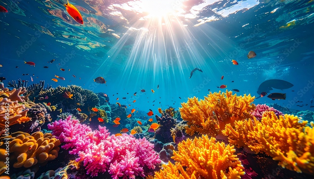 Fototapeta premium Vibrant coral reef teeming with colorful fish, illuminated by sunbeams piercing the crystal-clear ocean water, showcasing marine biodiversity