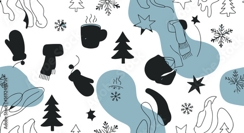 Seamless winter pattern with mittens trees snowflakes and abstract shapes on white perfect for