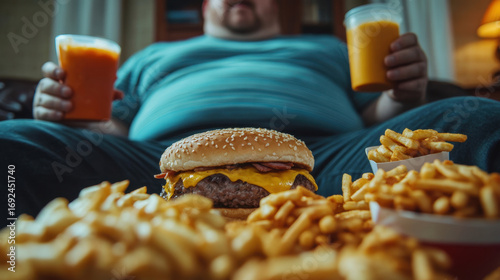 Overweight Man Consuming Unhealthy Food on a Couch