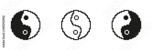 Pixelated Yin Yang Icon Set. Symbol of Balance and Harmony in Retro Pixel Art Style. Eastern Philosophy Symbol Representing Duality and Balance. Isolated Vector Illustration