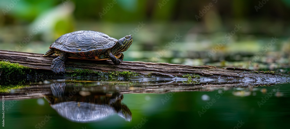 Obraz premium Captivating turtle basking on log in serene pond nature photography for wildlife enthusiasts and nature lovers