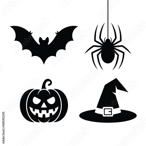 Halloween silhouettes featuring bat spider pumpkin and witch hat set for spooky decorations silhouette vector illustration white background