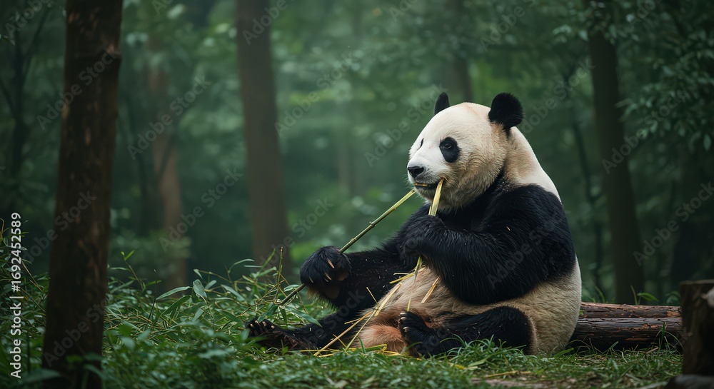 Fototapeta premium A giant panda is sitting in a forest eating bamboo shoots in its natural habitat